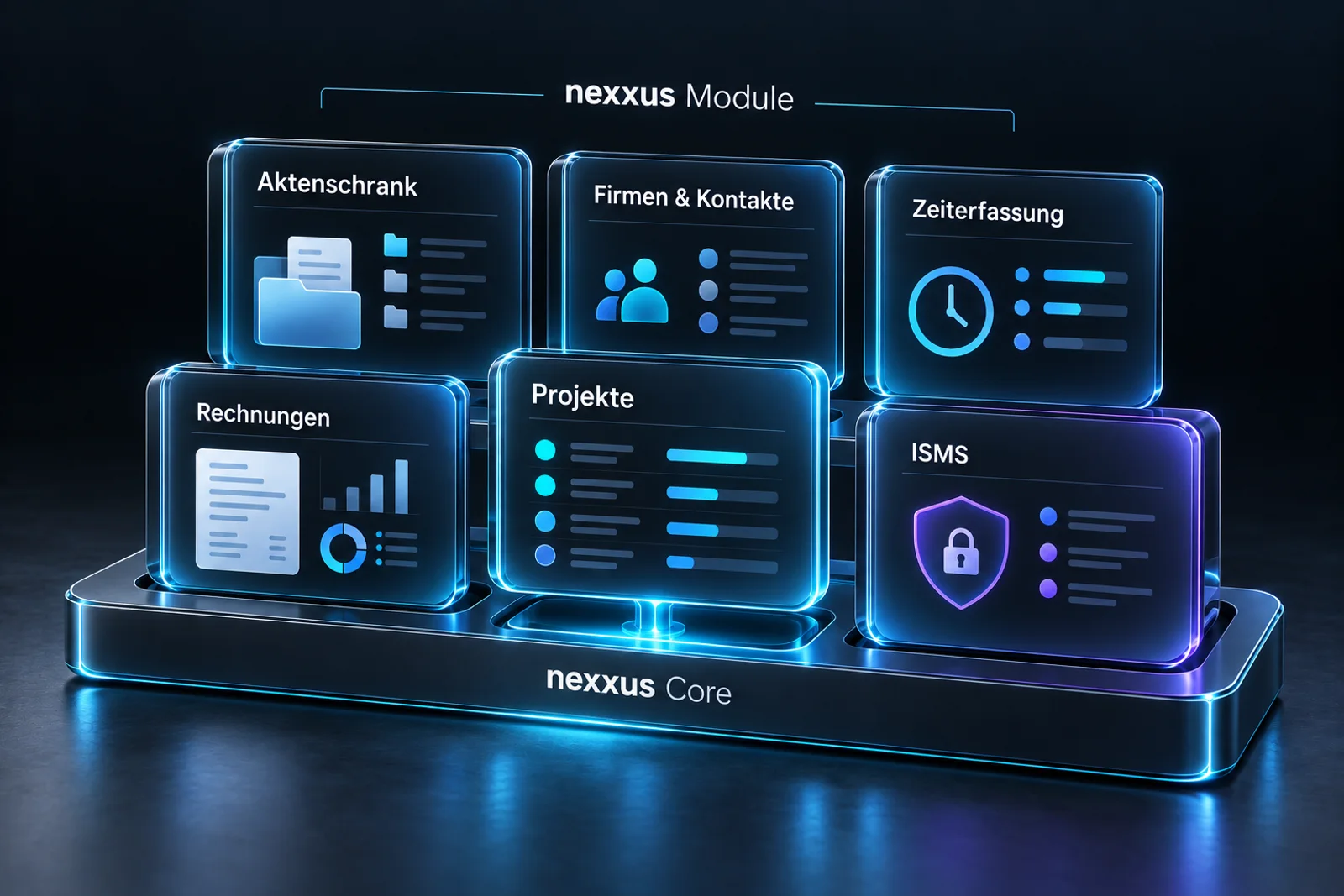 nexxus Module als Glaskarten auf dem nexxus Core: Aktenschrank, Firmen und Kontakte, Zeiterfassung, Rechnungen, Projekte, ISMS